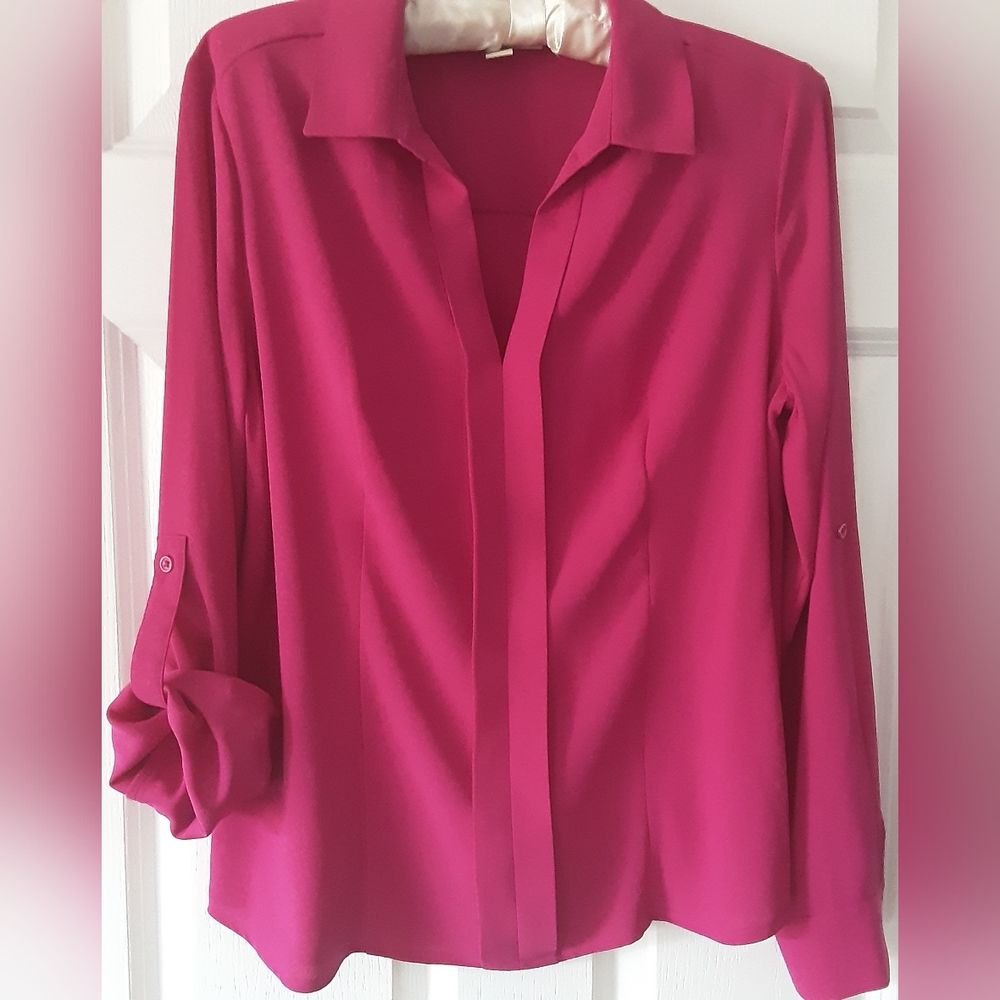 DANA BUCHMAN PINK V-NECK COLLARED BLOUSE. S - Picture 2 of 6